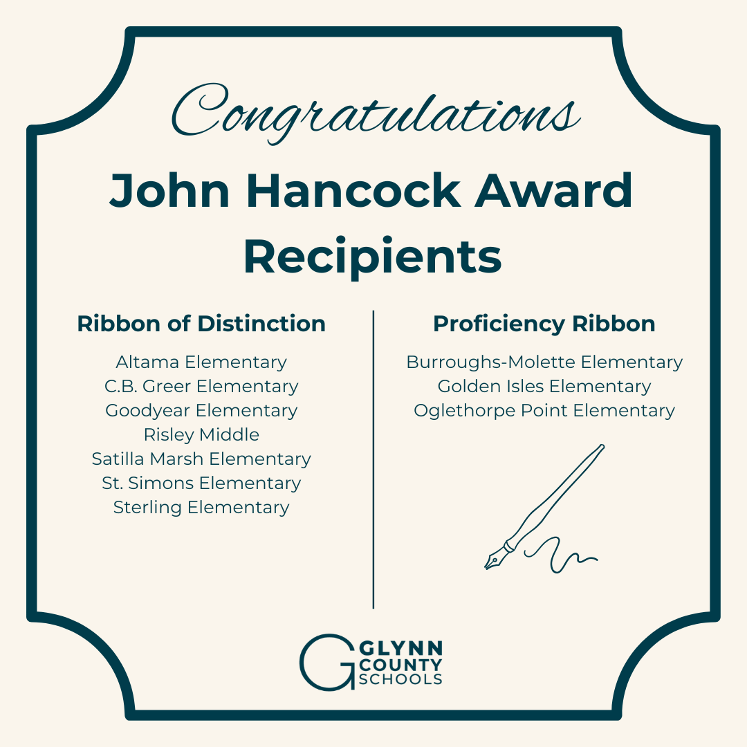 A formal announcement from Glynn County Schools listing the John Hancock Award recipients.